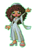 pixel doll of a cartoony melon-headed lady with oversized hands and feet, seen from 3/4 view but head facing forward and with one arm thrown into the air, she has medium brown skin and big bug-like green eyes with silver eyeshadow and plump berry lips, medium-long layered curly brown hair; she's wearing a shimmery silver dress with plunging neckline, flowy skirt, long sleeves, and a scarf that's wrapped around her neck and cascades over her arms, silver evening sandals with chunky heels, and a silver cap of geometric shape